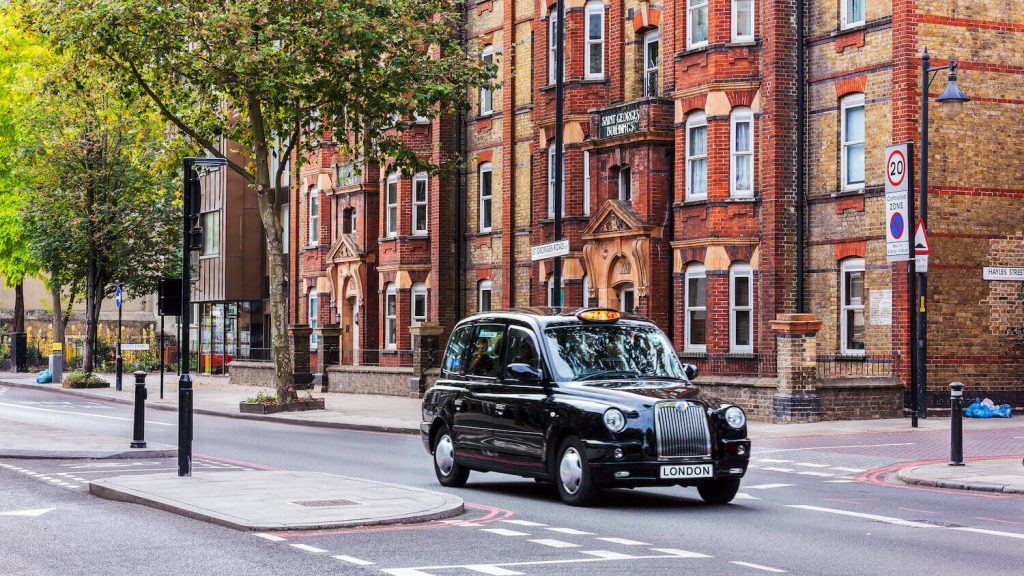 St Georges Road in London with black taxi
